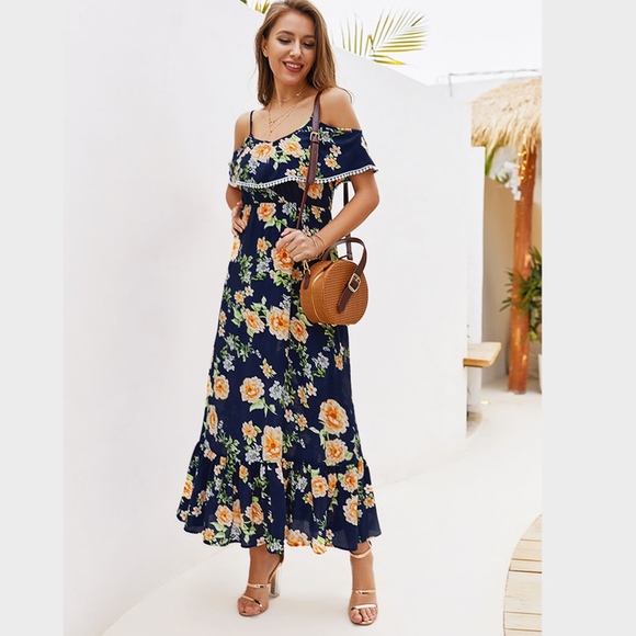 Navy Floral Cold Shoulder Ruffle Maxi Dress PomPom - Picture 5 of 8